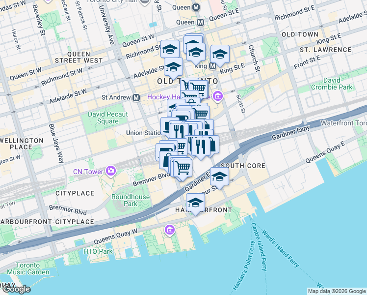 map of restaurants, bars, coffee shops, grocery stores, and more near 55 Front Street West in Toronto