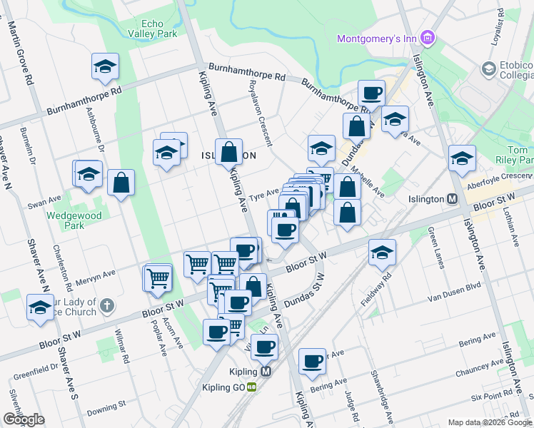 map of restaurants, bars, coffee shops, grocery stores, and more near in Toronto