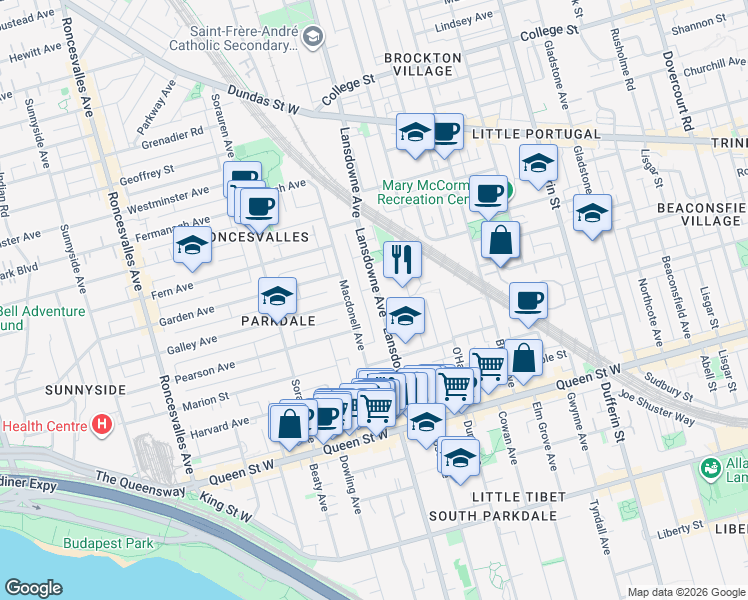 map of restaurants, bars, coffee shops, grocery stores, and more near 120 Lansdowne Avenue in Toronto