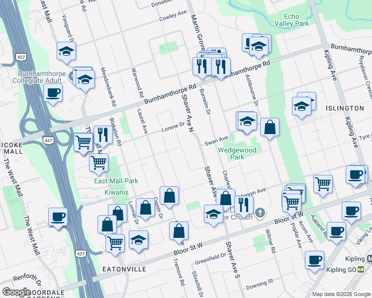 map of restaurants, bars, coffee shops, grocery stores, and more near 31 Northampton Drive in Toronto
