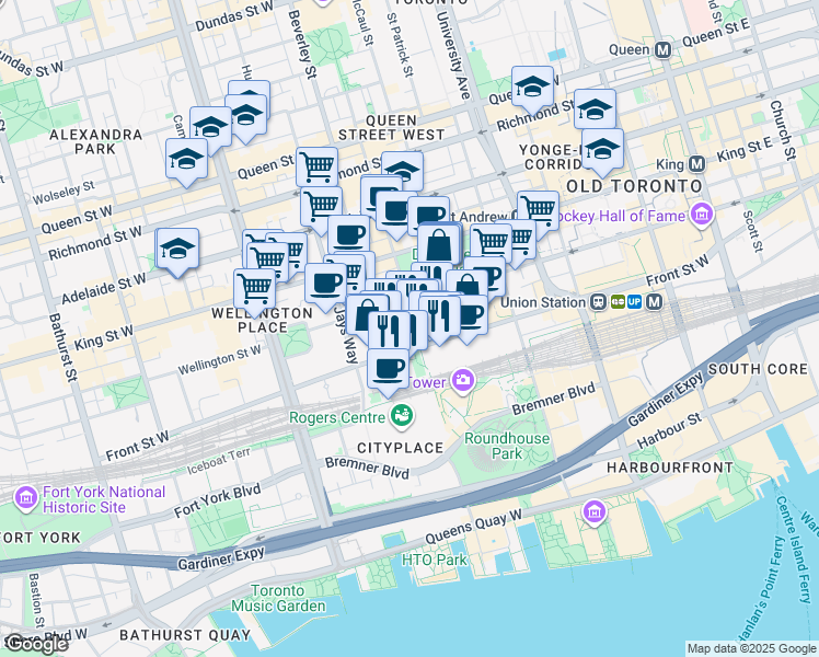 map of restaurants, bars, coffee shops, grocery stores, and more near 20 John Street in Toronto
