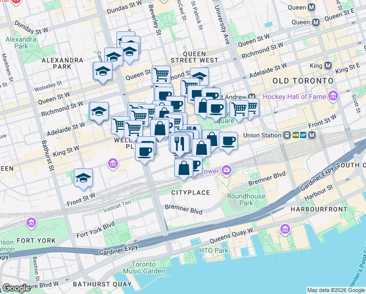 map of restaurants, bars, coffee shops, grocery stores, and more near 255 Wellington Street West in Toronto