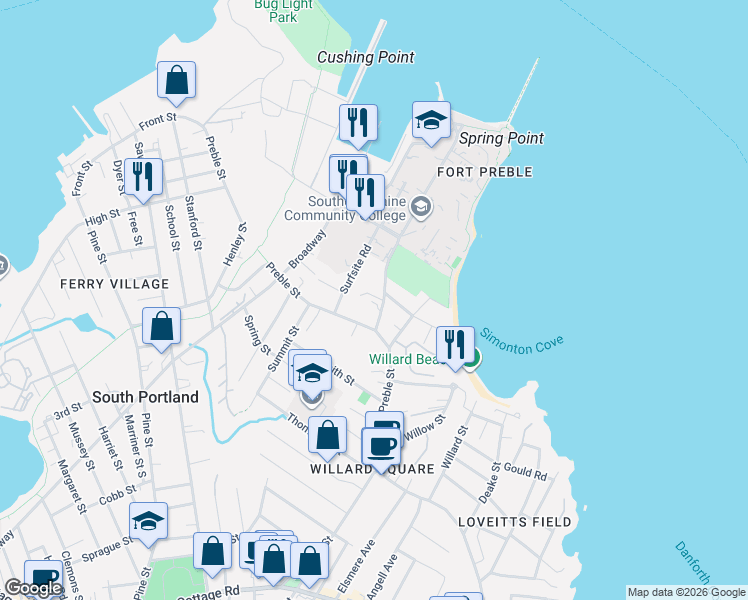 map of restaurants, bars, coffee shops, grocery stores, and more near 248 Preble Street in South Portland