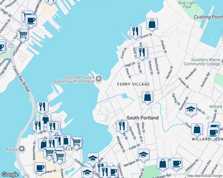 map of restaurants, bars, coffee shops, grocery stores, and more near 51 Harriet Street in South Portland