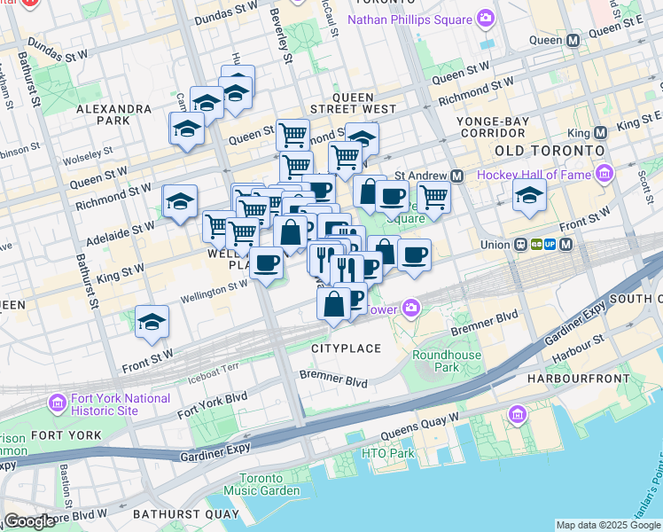 map of restaurants, bars, coffee shops, grocery stores, and more near in Toronto