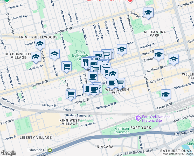 map of restaurants, bars, coffee shops, grocery stores, and more near in Toronto
