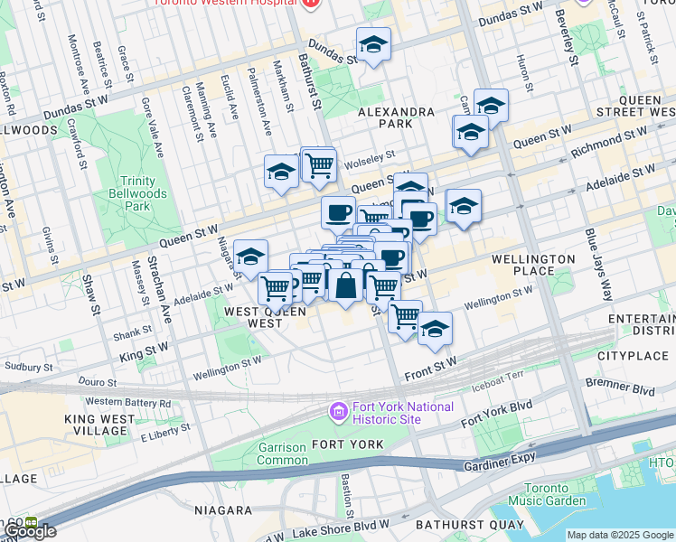 map of restaurants, bars, coffee shops, grocery stores, and more near 605 Adelaide Street West in Toronto