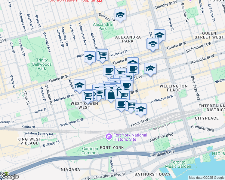 map of restaurants, bars, coffee shops, grocery stores, and more near 575 Adelaide Street West in Toronto