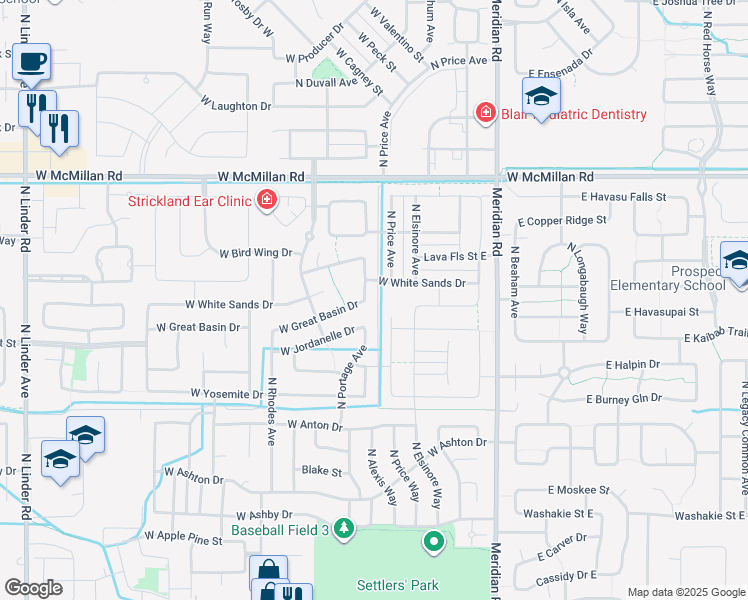 map of restaurants, bars, coffee shops, grocery stores, and more near 4289 North Price Place in Meridian