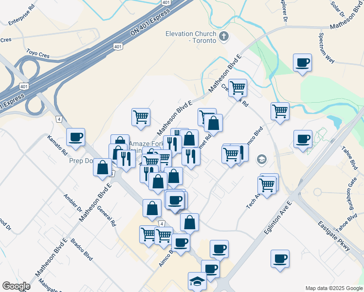 map of restaurants, bars, coffee shops, grocery stores, and more near 1655 Sismet Road in Mississauga