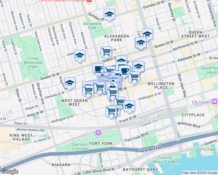 map of restaurants, bars, coffee shops, grocery stores, and more near 58 Stewart Street in Toronto