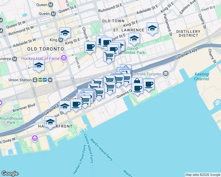 map of restaurants, bars, coffee shops, grocery stores, and more near 138 Downes Street in Toronto