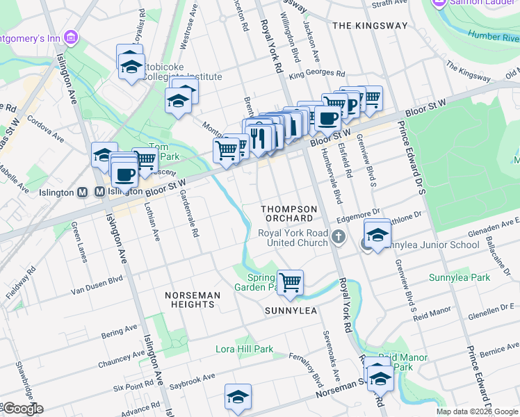 map of restaurants, bars, coffee shops, grocery stores, and more near 64 Thompson Avenue in Toronto
