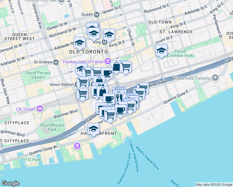 map of restaurants, bars, coffee shops, grocery stores, and more near 18 Yonge Street in Toronto