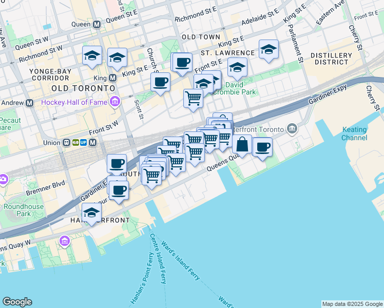 map of restaurants, bars, coffee shops, grocery stores, and more near 138 Downes Street in Toronto