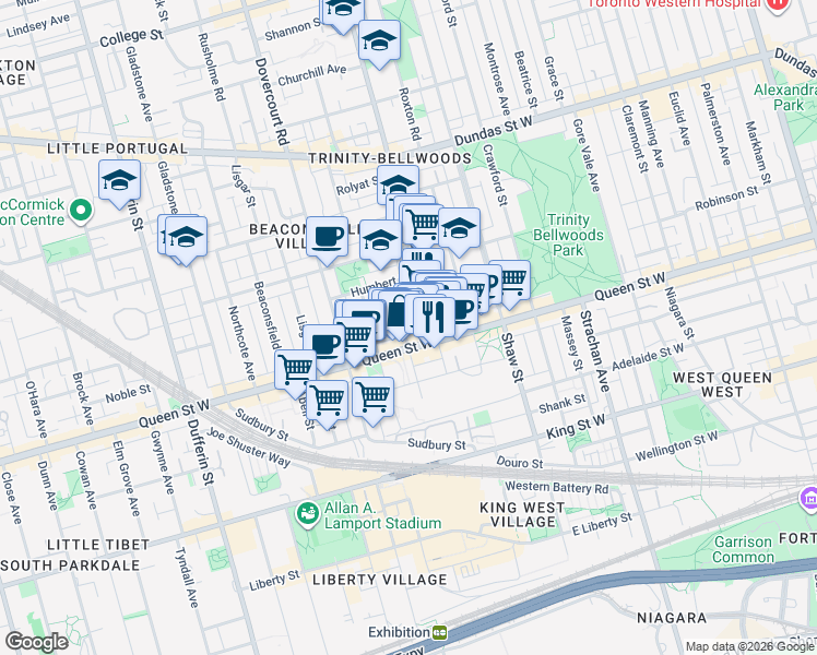 map of restaurants, bars, coffee shops, grocery stores, and more near 13 Brookfield Street in Toronto
