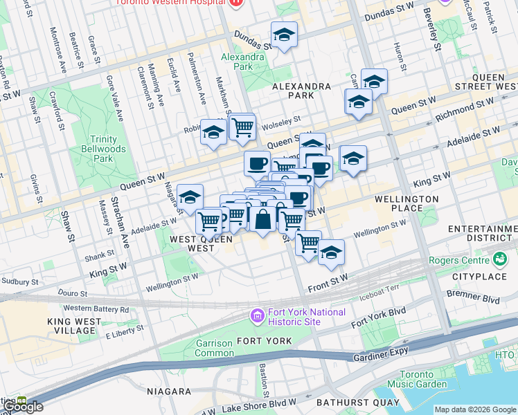 map of restaurants, bars, coffee shops, grocery stores, and more near in Toronto