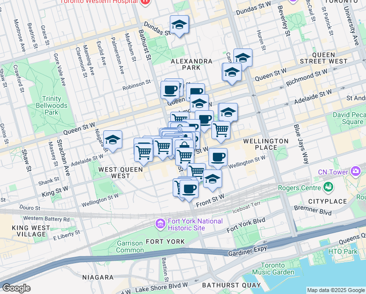 map of restaurants, bars, coffee shops, grocery stores, and more near 58 Stewart Street in Toronto