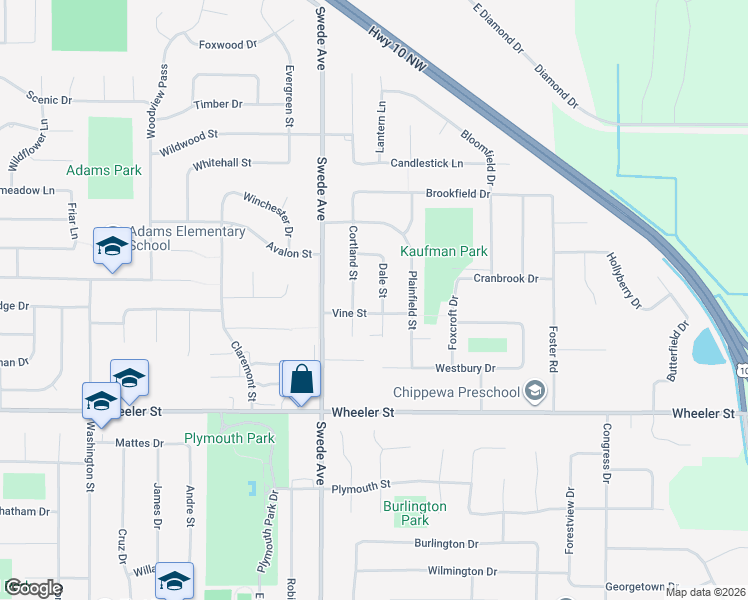 map of restaurants, bars, coffee shops, grocery stores, and more near 1802 Vine Street in Midland