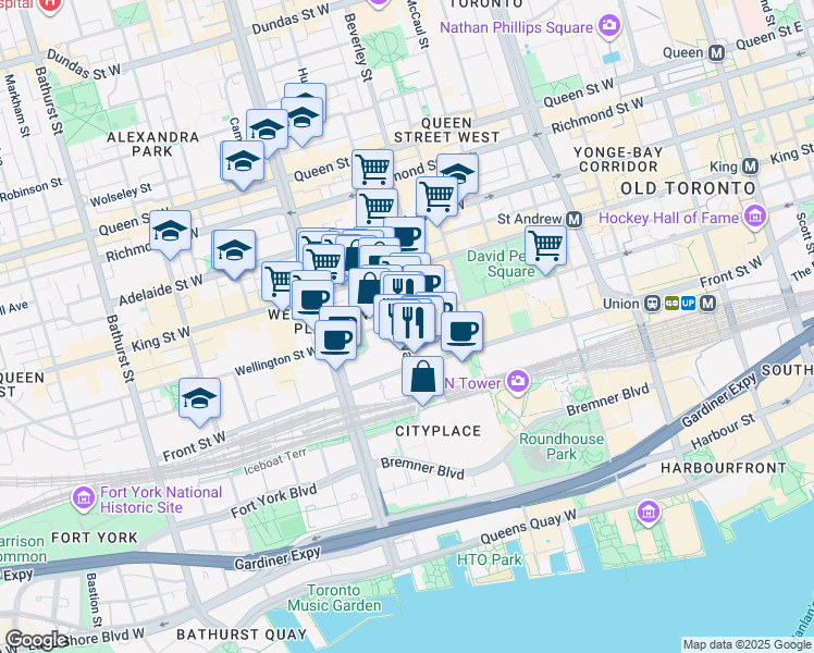 map of restaurants, bars, coffee shops, grocery stores, and more near in Toronto