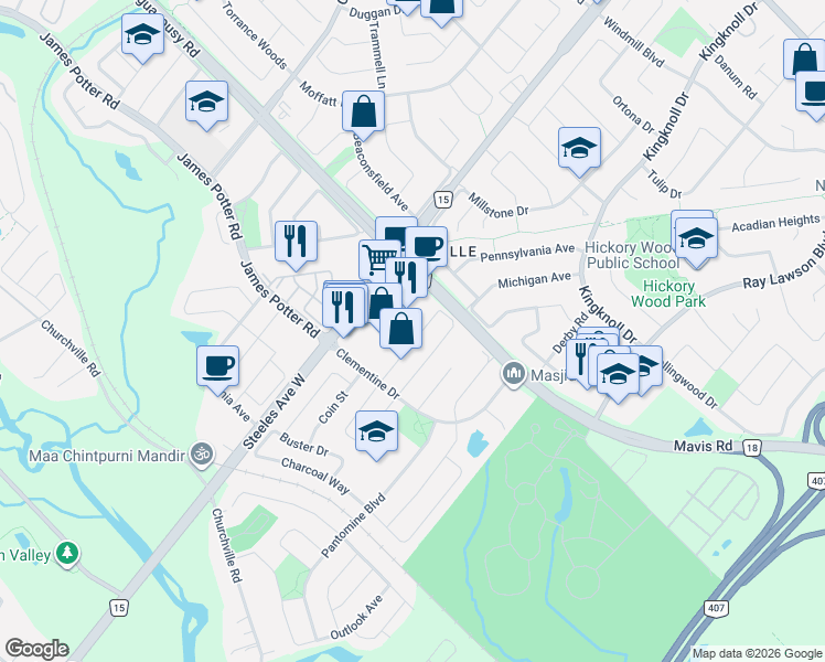 map of restaurants, bars, coffee shops, grocery stores, and more near 88 Maddybeth Crescent in Brampton