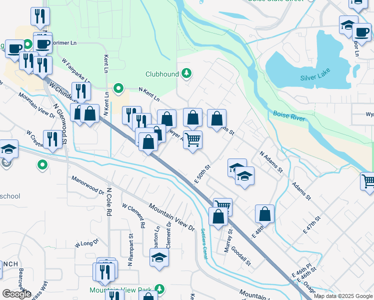 map of restaurants, bars, coffee shops, grocery stores, and more near 5102 West Chinden Boulevard in Boise
