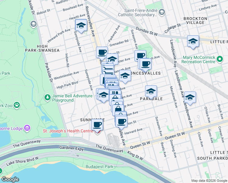 map of restaurants, bars, coffee shops, grocery stores, and more near 181 Roncesvalles Avenue in Toronto
