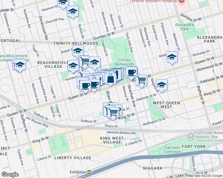 map of restaurants, bars, coffee shops, grocery stores, and more near 993 Queen Street West in Toronto