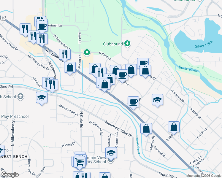 map of restaurants, bars, coffee shops, grocery stores, and more near 5198 West Chinden Boulevard in Boise