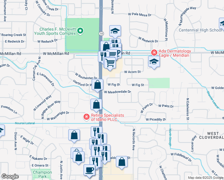 map of restaurants, bars, coffee shops, grocery stores, and more near 4323 North Lusitano Avenue in Boise