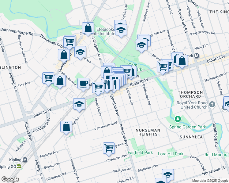 map of restaurants, bars, coffee shops, grocery stores, and more near 3373 Bloor Street West in Toronto