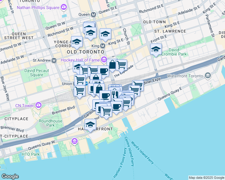 map of restaurants, bars, coffee shops, grocery stores, and more near 18 Yonge Street in Toronto