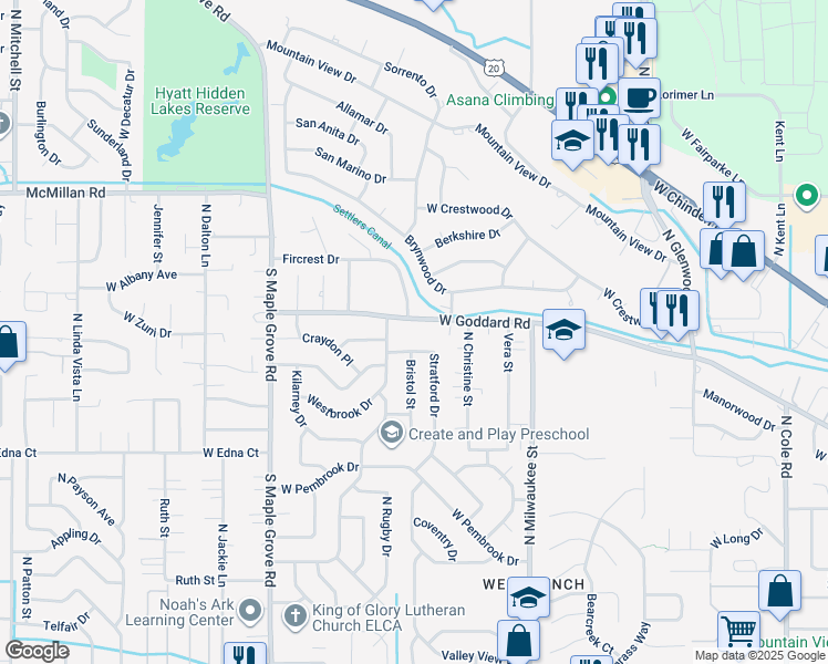 map of restaurants, bars, coffee shops, grocery stores, and more near 8595 Stynbrook Drive in Boise