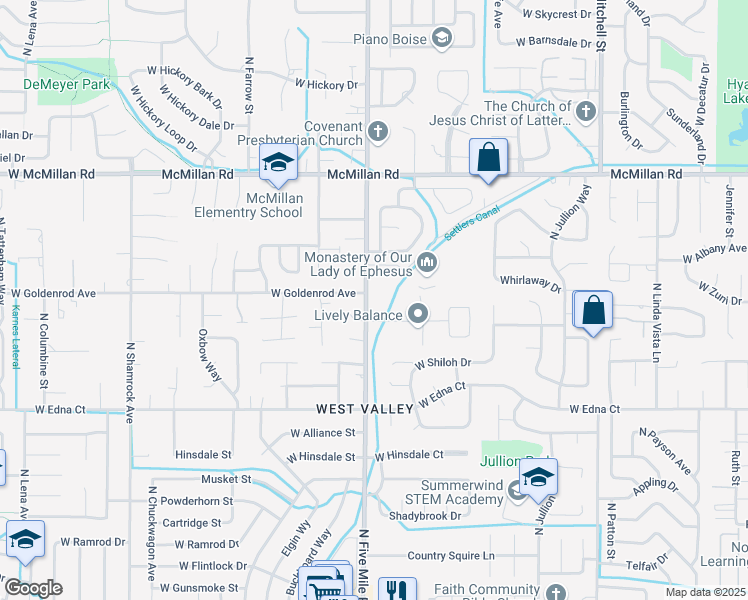 map of restaurants, bars, coffee shops, grocery stores, and more near 10604 West Richey Court in Boise