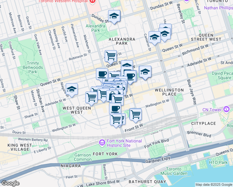 map of restaurants, bars, coffee shops, grocery stores, and more near in Toronto