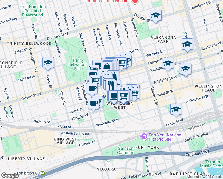 map of restaurants, bars, coffee shops, grocery stores, and more near in Toronto