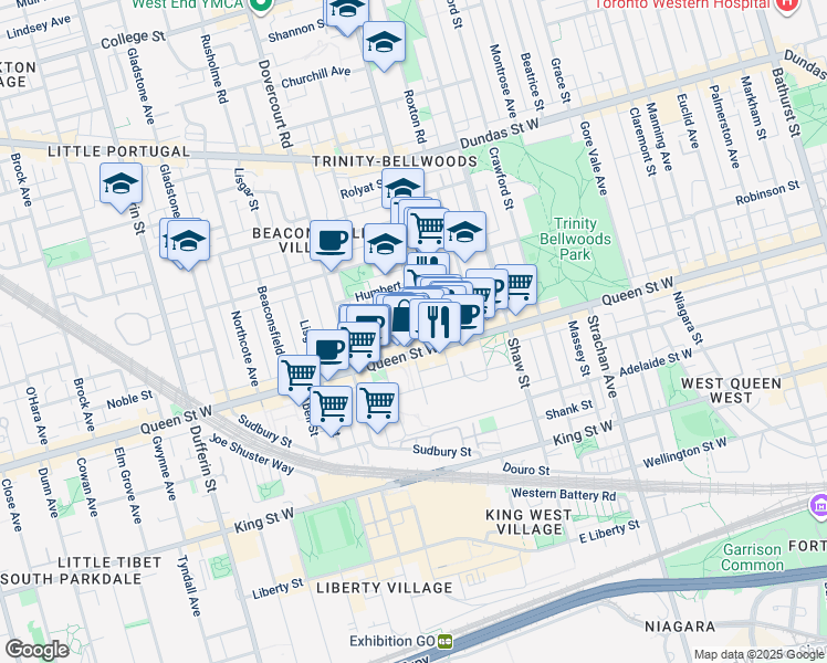 map of restaurants, bars, coffee shops, grocery stores, and more near in Toronto
