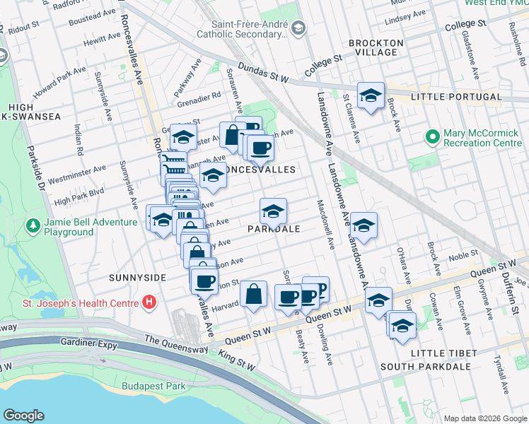 map of restaurants, bars, coffee shops, grocery stores, and more near in Toronto