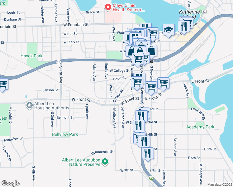 map of restaurants, bars, coffee shops, grocery stores, and more near 268 South Pearl Street in Albert Lea