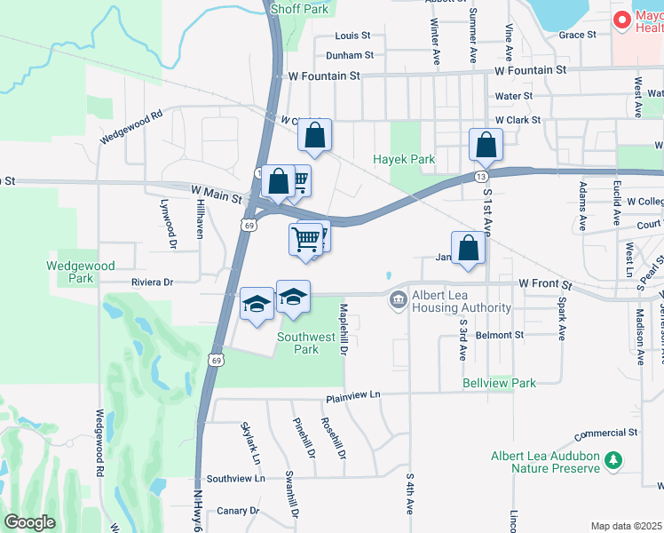 map of restaurants, bars, coffee shops, grocery stores, and more near 1615 West Main Street in Albert Lea