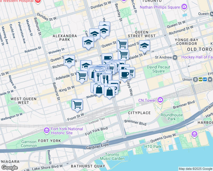 map of restaurants, bars, coffee shops, grocery stores, and more near 46 Spadina Avenue in Toronto