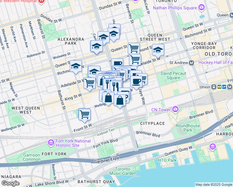 map of restaurants, bars, coffee shops, grocery stores, and more near 374 Wellington Street West in Toronto