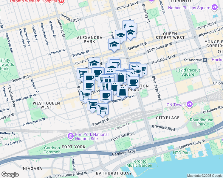 map of restaurants, bars, coffee shops, grocery stores, and more near 533 King Street West in Toronto