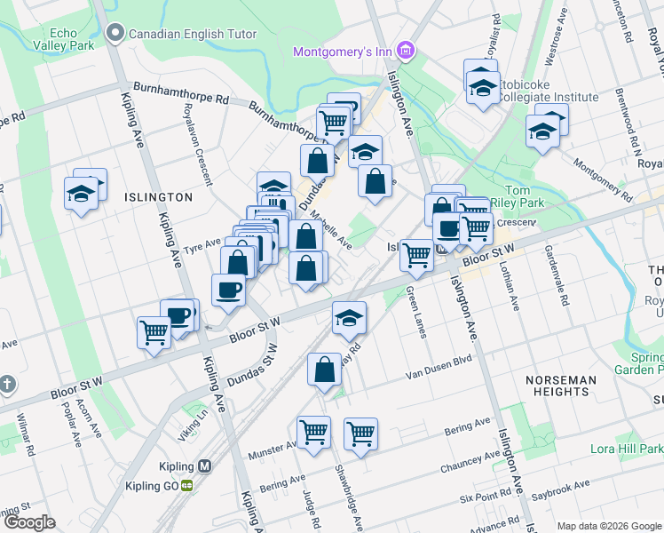 map of restaurants, bars, coffee shops, grocery stores, and more near 7 Michael Power Place in Toronto