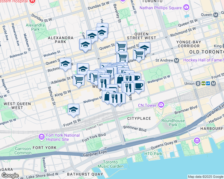 map of restaurants, bars, coffee shops, grocery stores, and more near 6 Clarence Square in Toronto