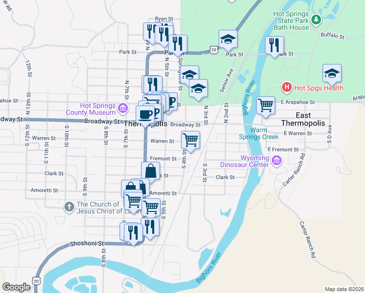 map of restaurants, bars, coffee shops, grocery stores, and more near 219-299 S 4th St in Thermopolis