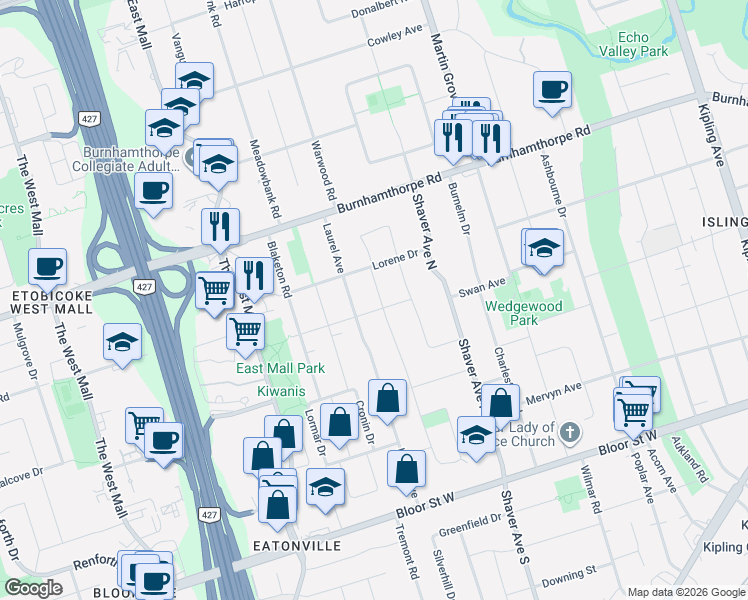 map of restaurants, bars, coffee shops, grocery stores, and more near 24 Smithwood Drive in Toronto
