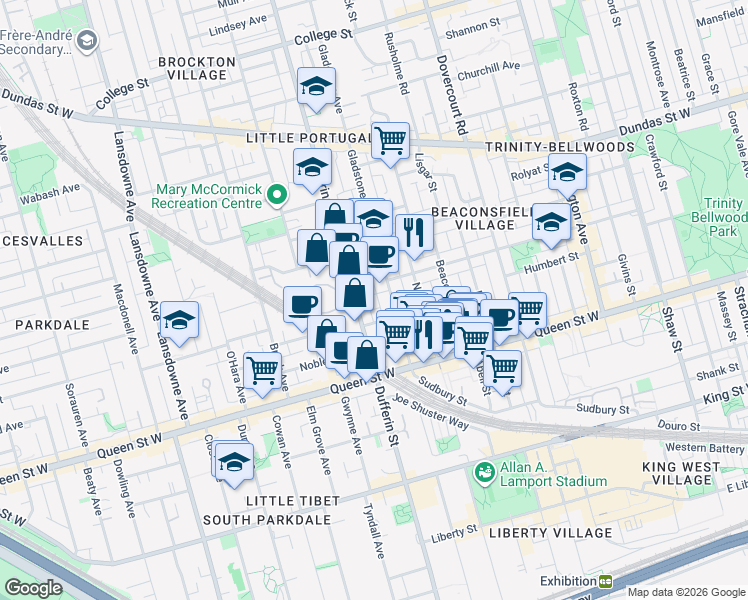 map of restaurants, bars, coffee shops, grocery stores, and more near 11 Alma Avenue in Toronto