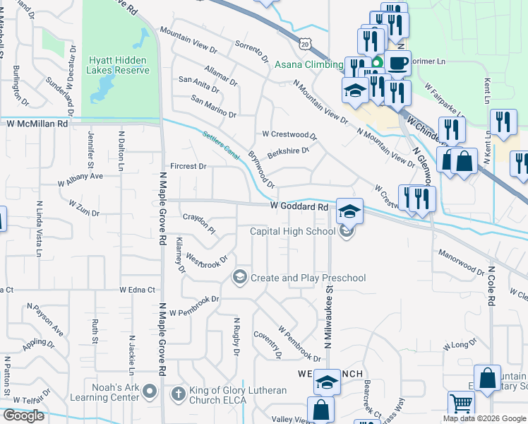 map of restaurants, bars, coffee shops, grocery stores, and more near 4300 Stratford Drive in Boise