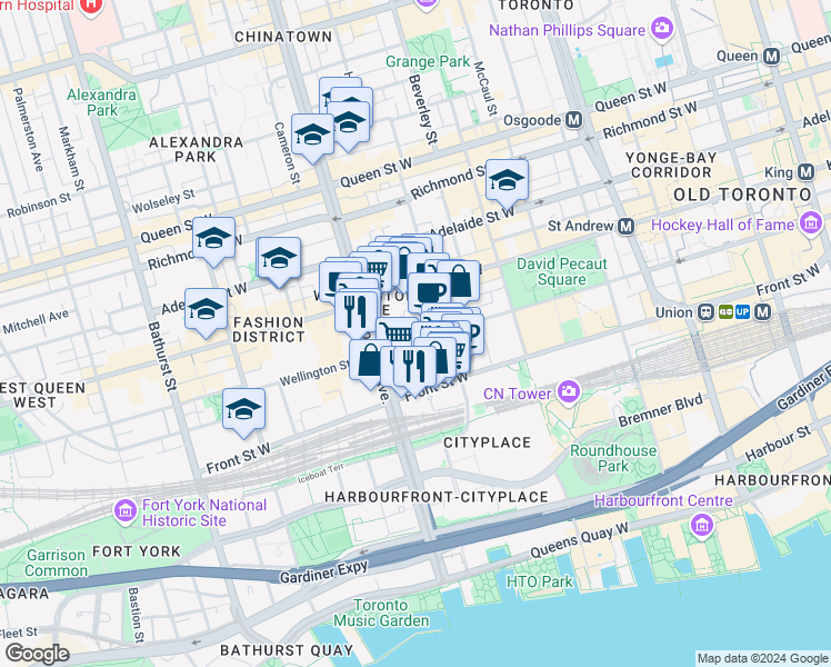 map of restaurants, bars, coffee shops, grocery stores, and more near in Toronto